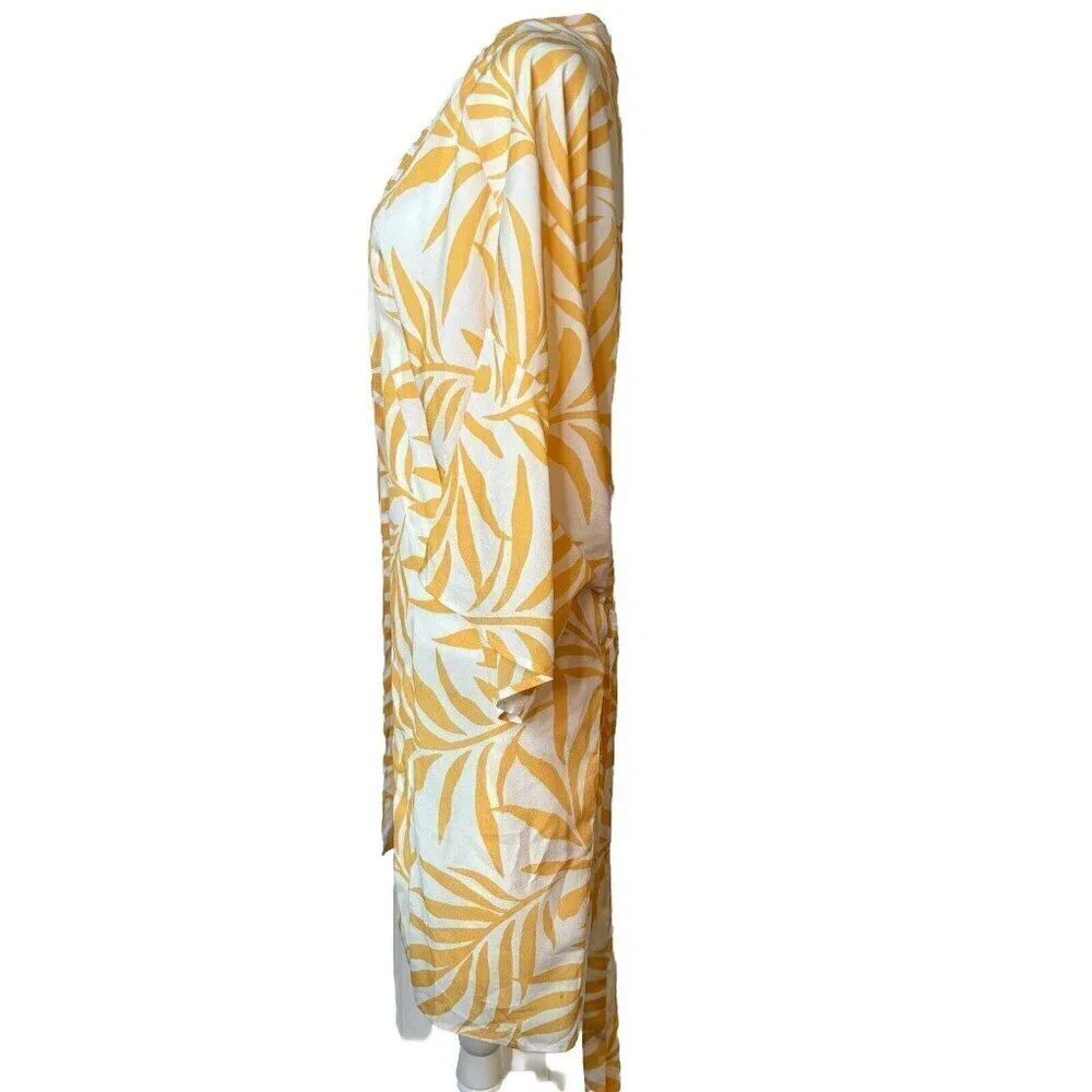 Maison Du‎ Soir Magnolia Palm XL/2XL Open Front Tie Sash Kimono Robe Cover Up
